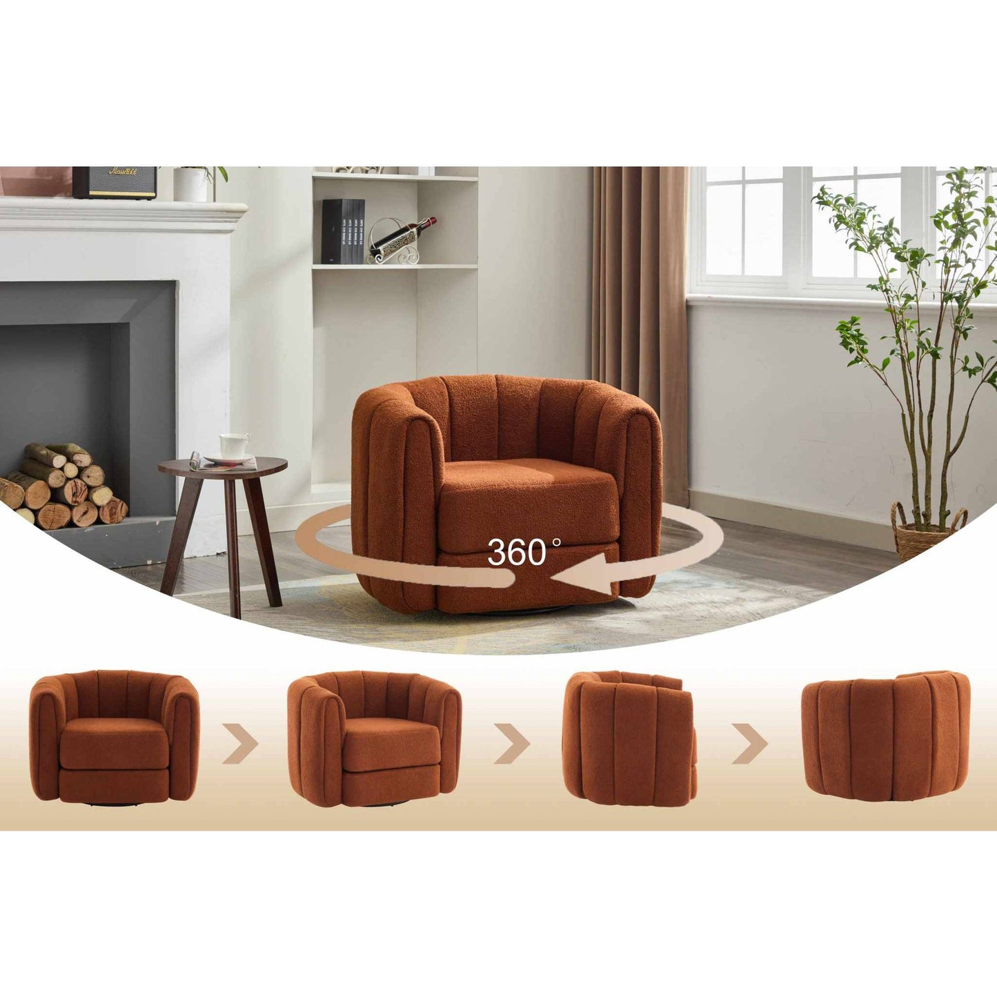 Brown teddy fabric swivel accent barrel chair rotating 360 degrees with modern round arm design