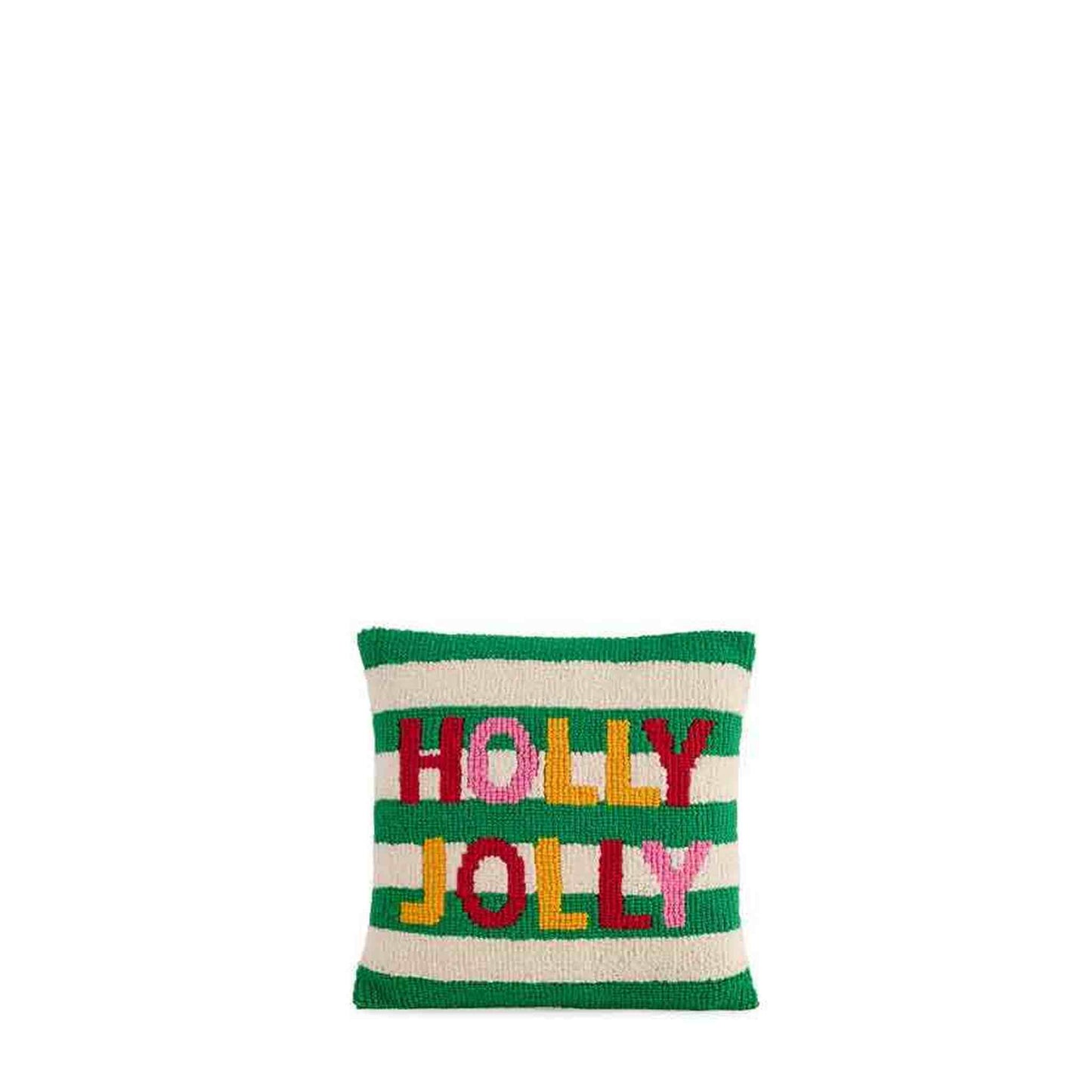 HOLLY JOLLY tufted holiday pillow with colorful lettering and striped background, 14x14 inches