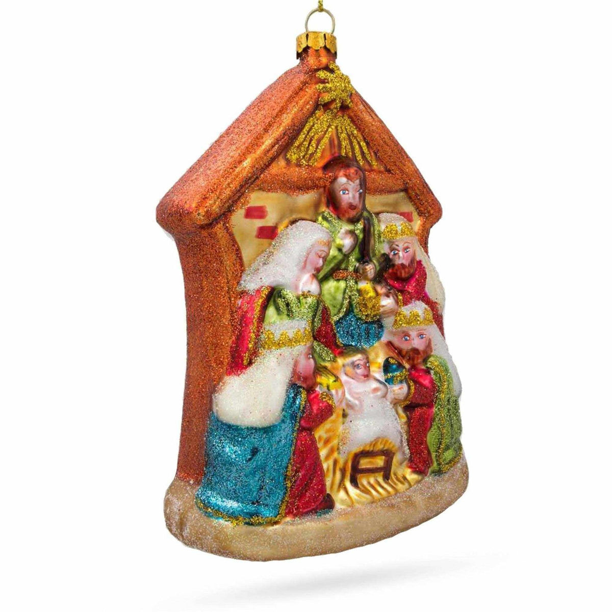 
                  
                    Magnificent large hand-painted glass nativity scene Christmas ornament with vibrant colors and hanging cord
                  
                