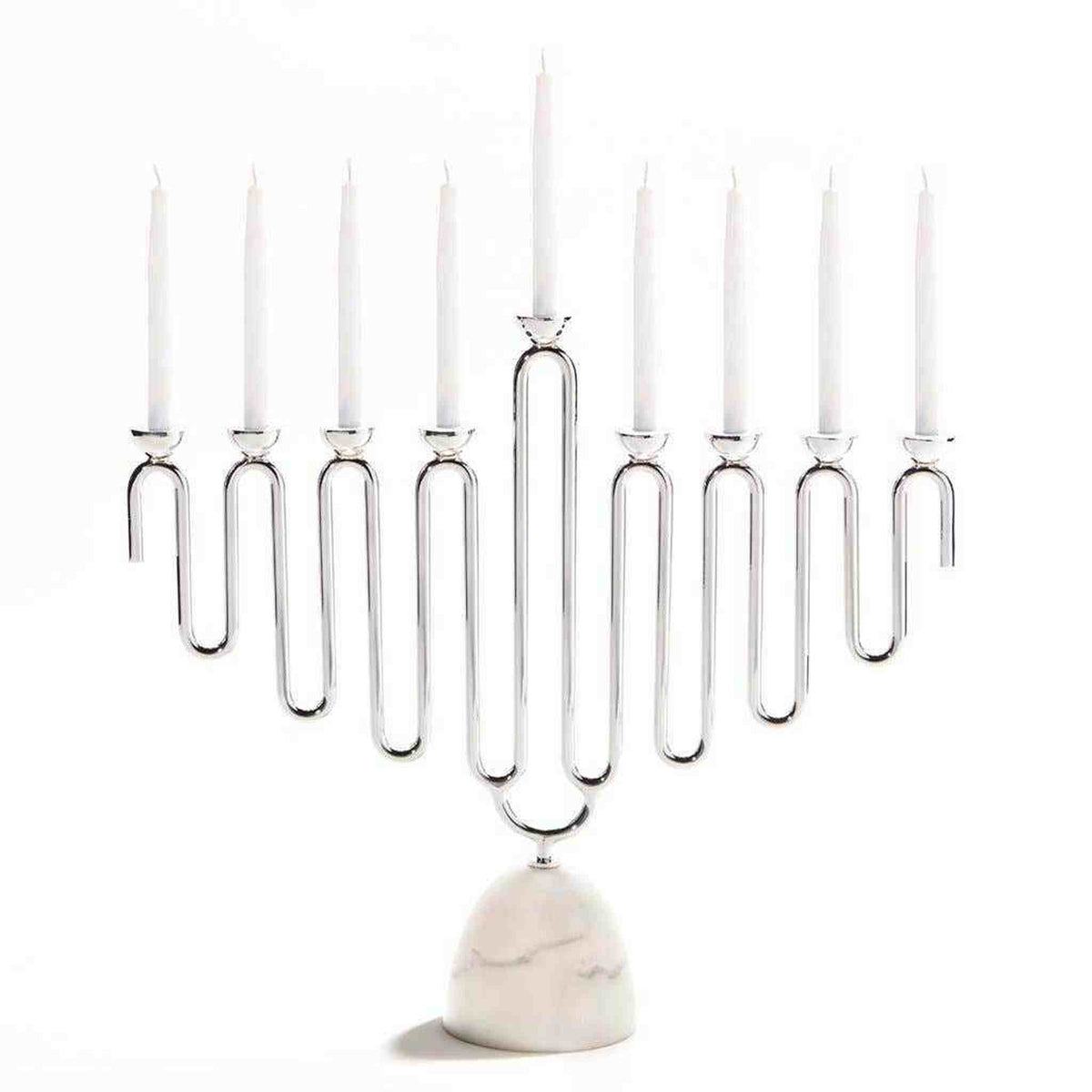 Coluna Menorah with Carrara marble base and silver nickel-plated metal arms holding candles