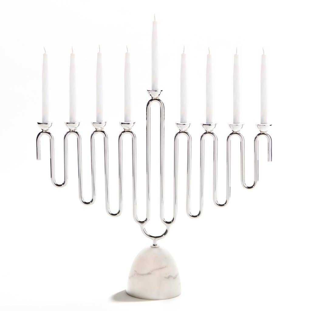 Coluna Menorah with Carrara marble base and silver nickel-plated arms holding Chanukkah candles