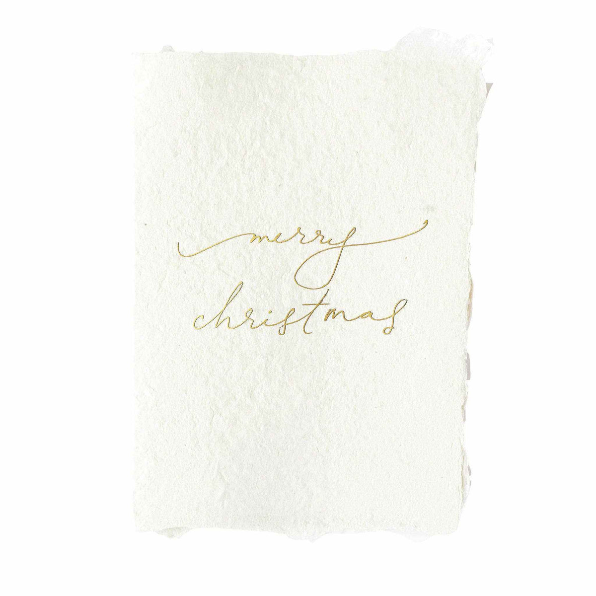 Handmade soft white Merry Christmas card with gold foil on textured paper and deckled edges