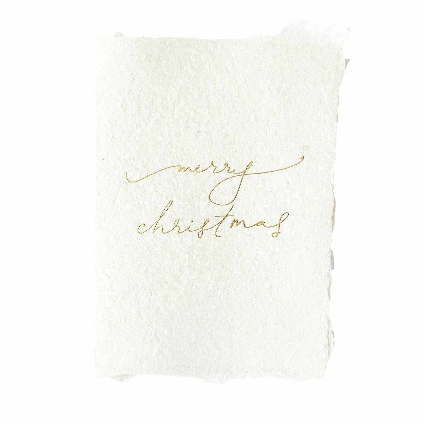 Handmade soft white merry christmas card with gold foil lettering and deckled edges