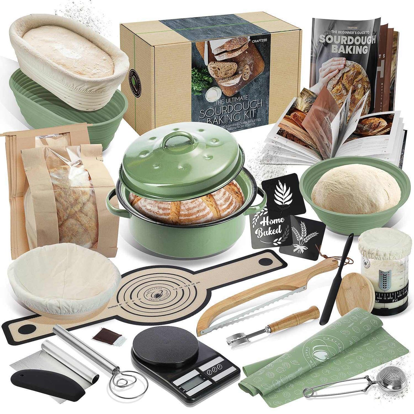 Complete sourdough baking kit with enamel pot, banneton baskets, digital scale, bread lame, recipe book, and baking tools.