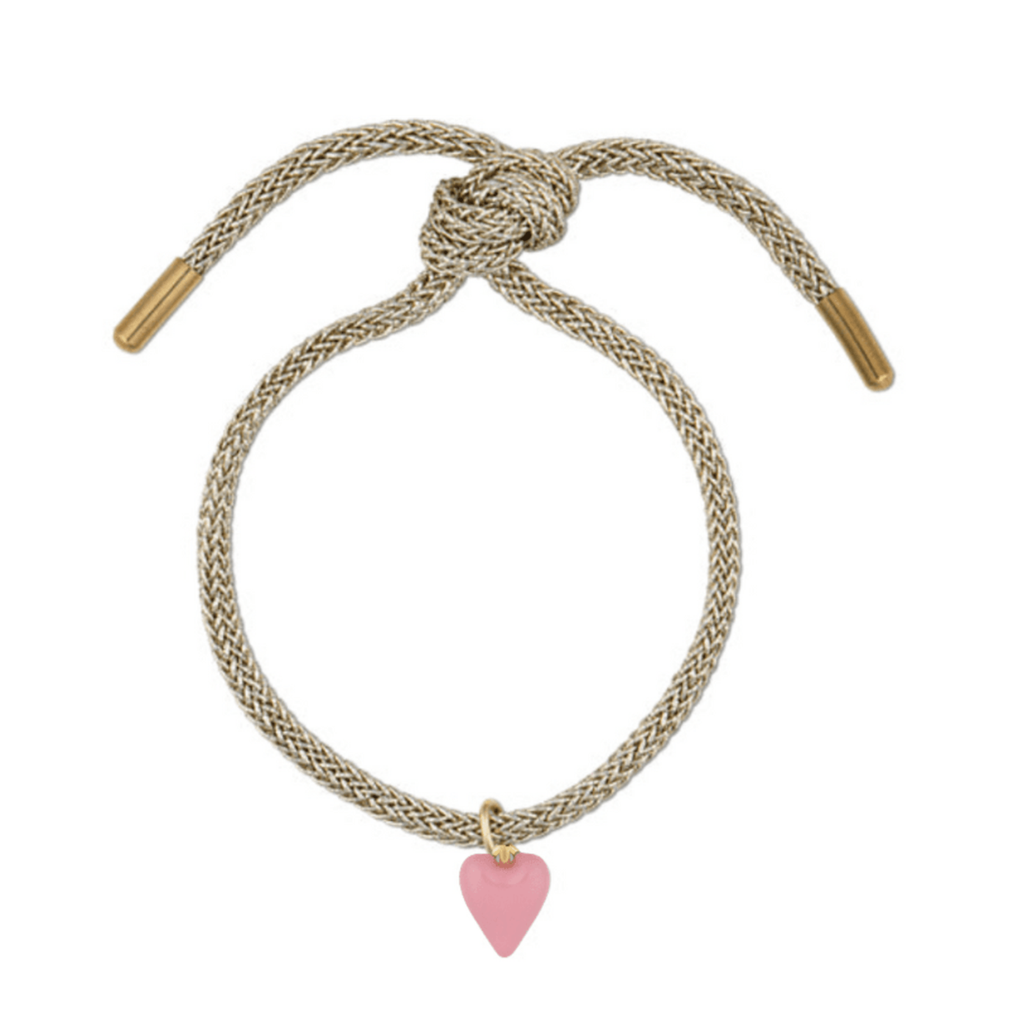 Gold lurex bracelet with pink enamel mini heart charm and adjustable gold-plated cord