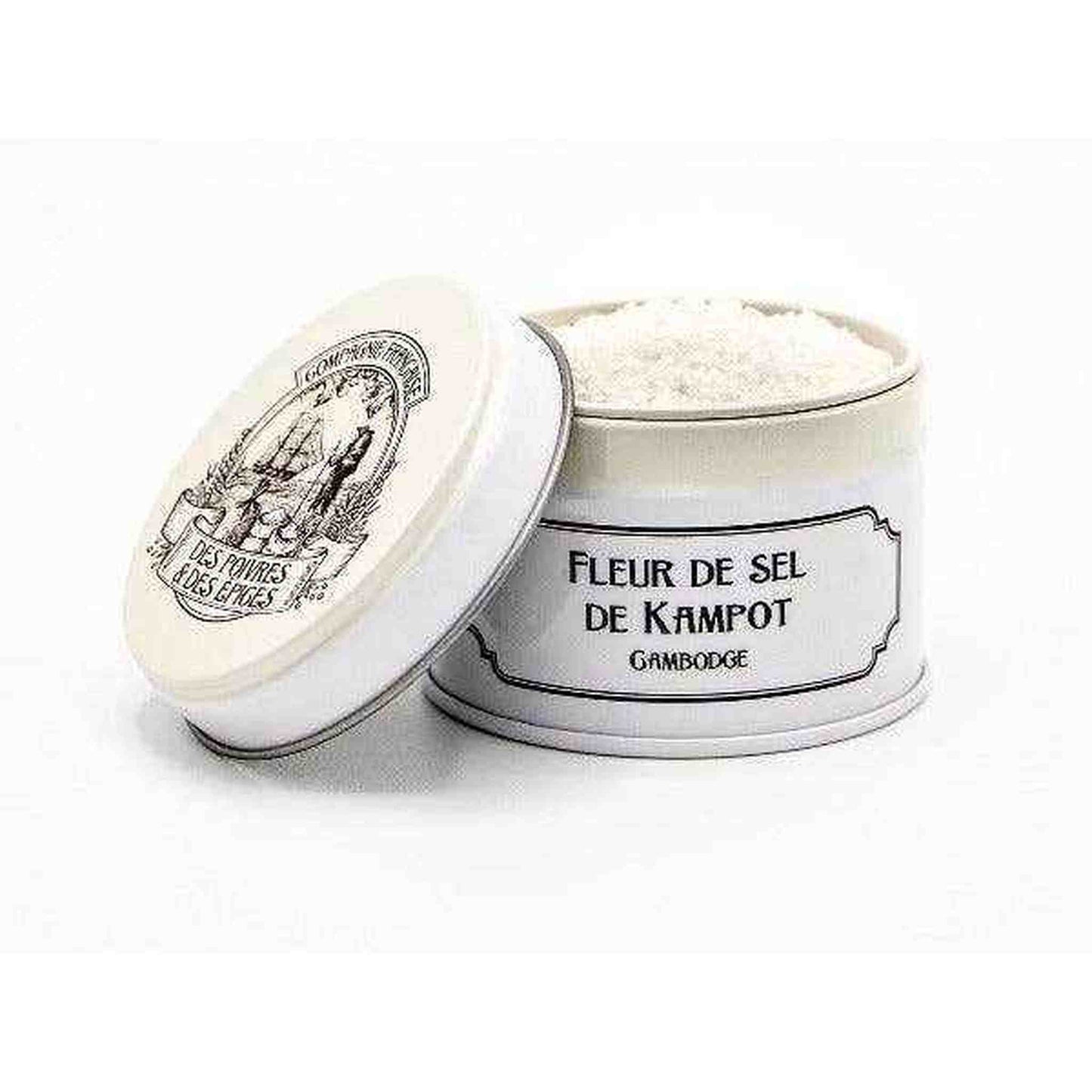 Kampot Fleur de Sel gourmet sea salt in a white ceramic container with lid open showing fine salt inside