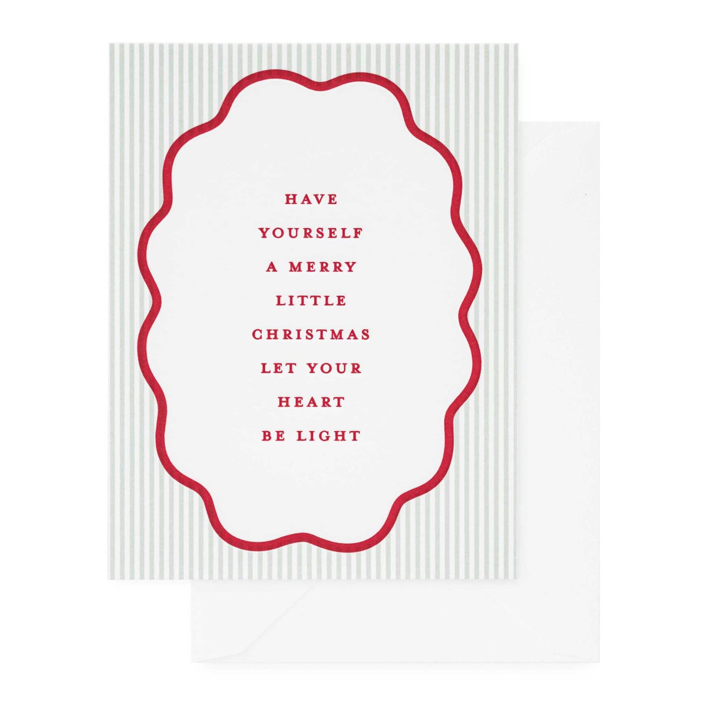 Sugar Paper Merry Little Christmas letterpress holiday greeting card with red text and scalloped border on striped background