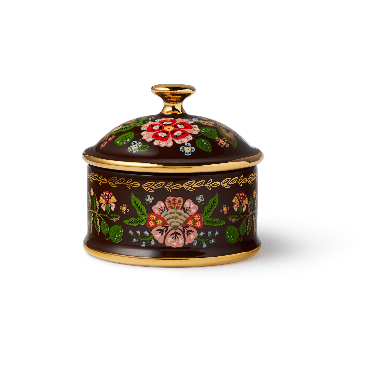 Round decorative lidded trinket box on white background