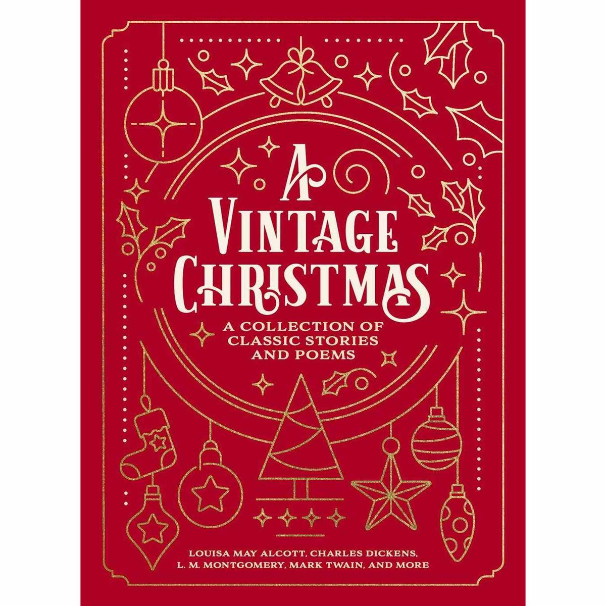 Red vintage Christmas book cover with gold classic holiday illustrations and title A Vintage Christmas collection of classic stories and poems