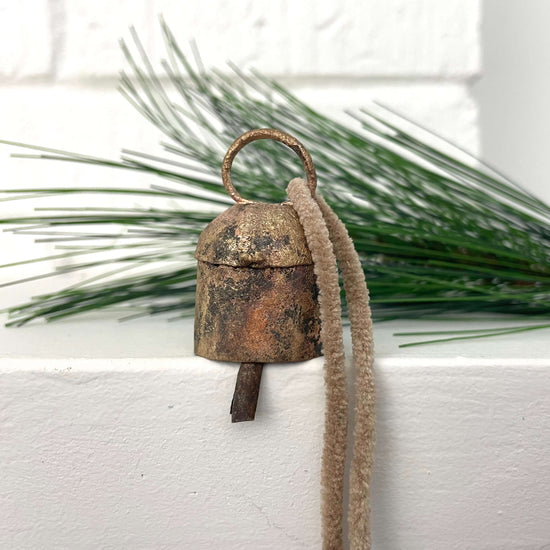 fort & field - 1 3/4" rounded tin brass bell holiday Christmas ornament: Tan suede like cord - Curated Home Decor