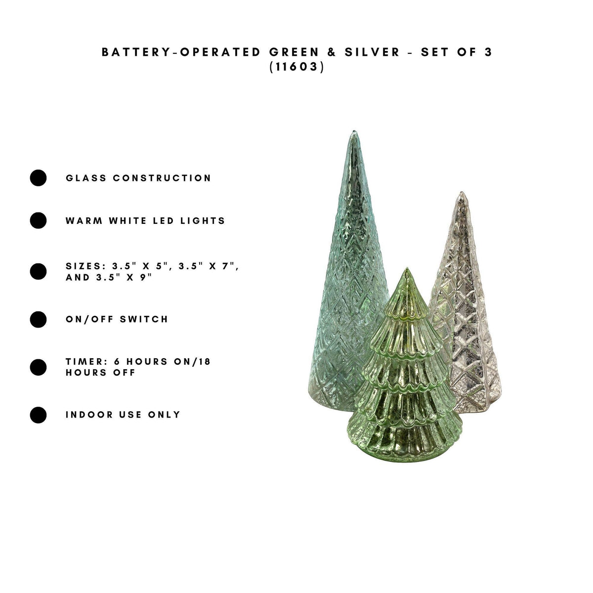 
                  
                    Battery-Operated Green & Silver Glass Trees, Set of 3 - Curated Home Decor
                  
                