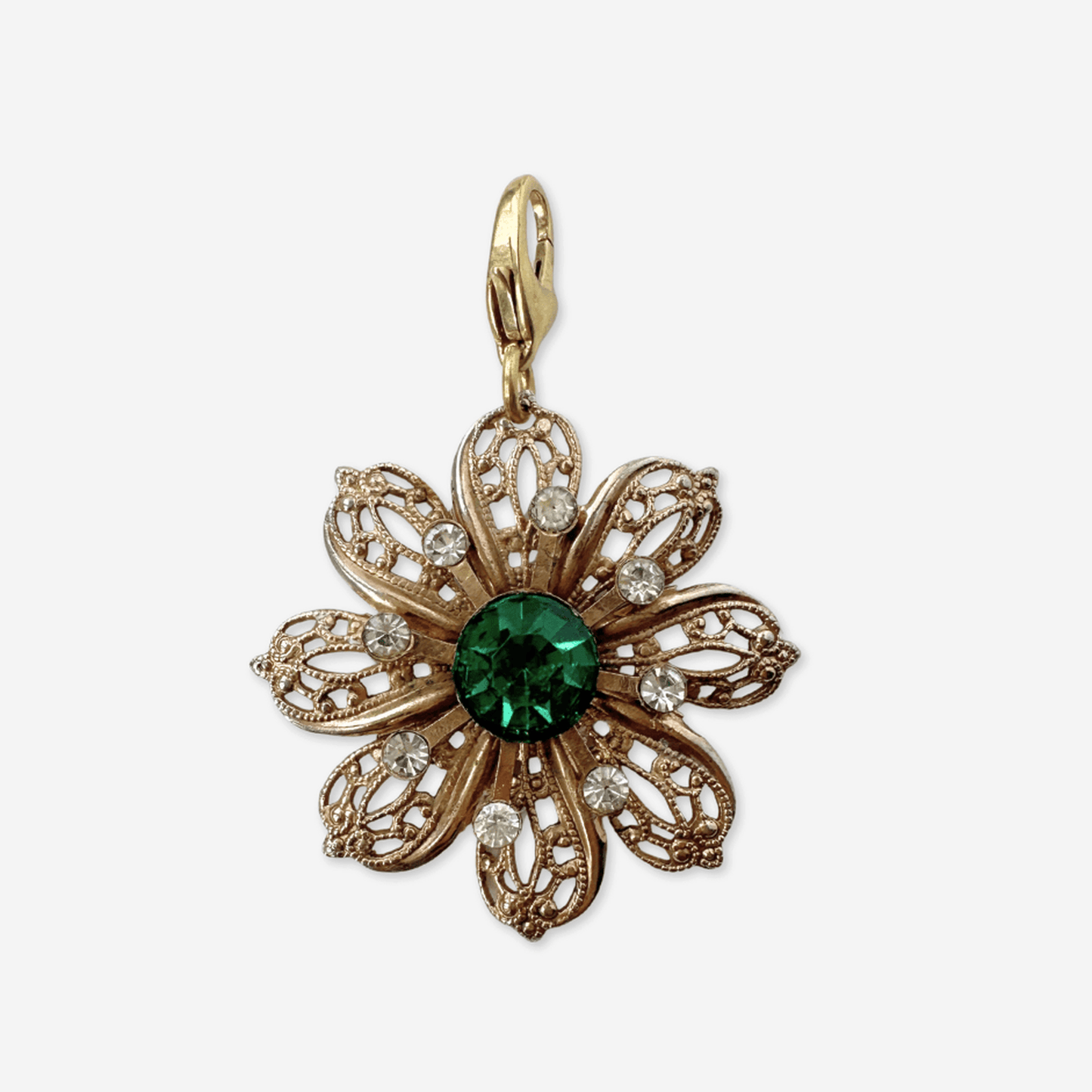 Vintage large brass filigree flower charm with green rhinestone center and lobster clasp