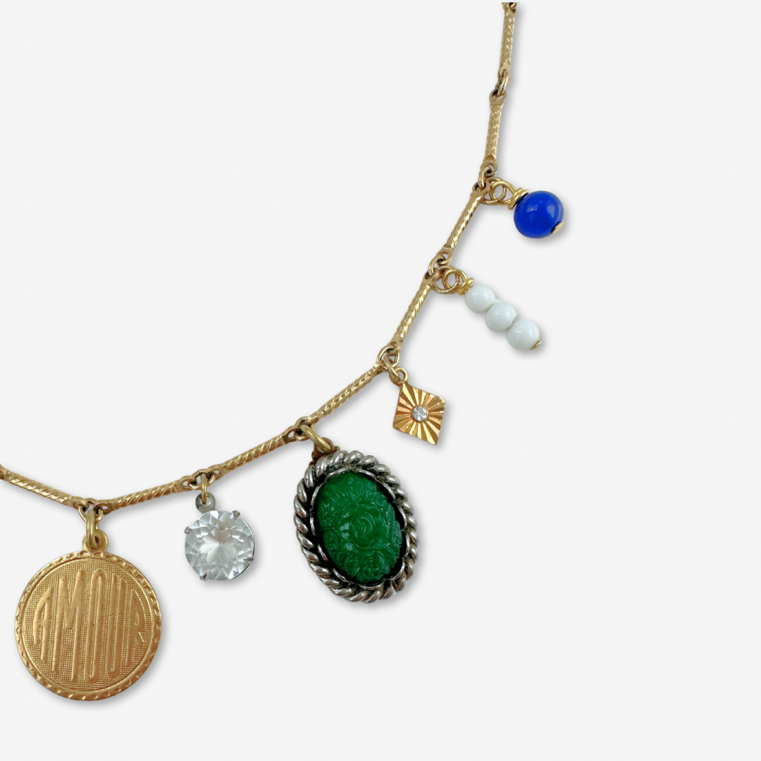 Repurposed Vintage Green Religious Charm Necklace
