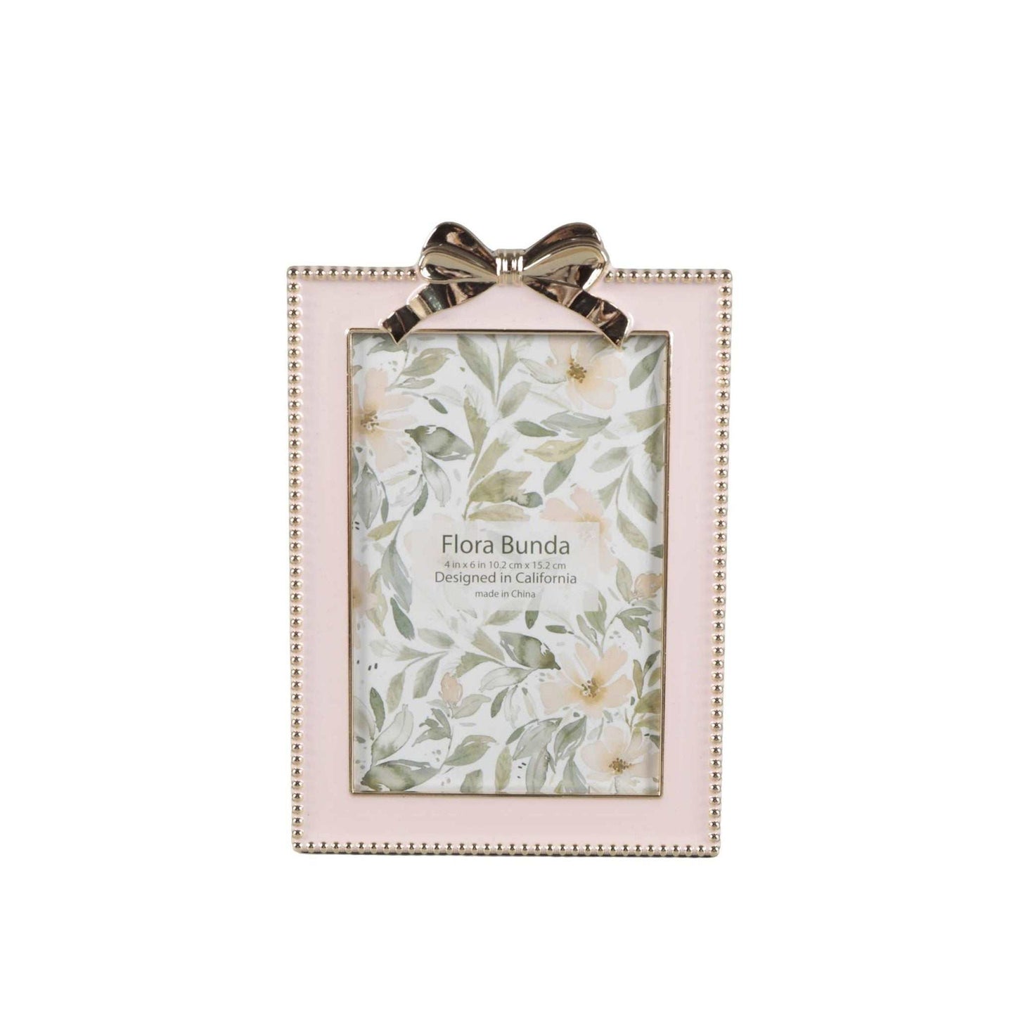 4x6 pink zinc alloy frame with polished bow and metallic beaded border