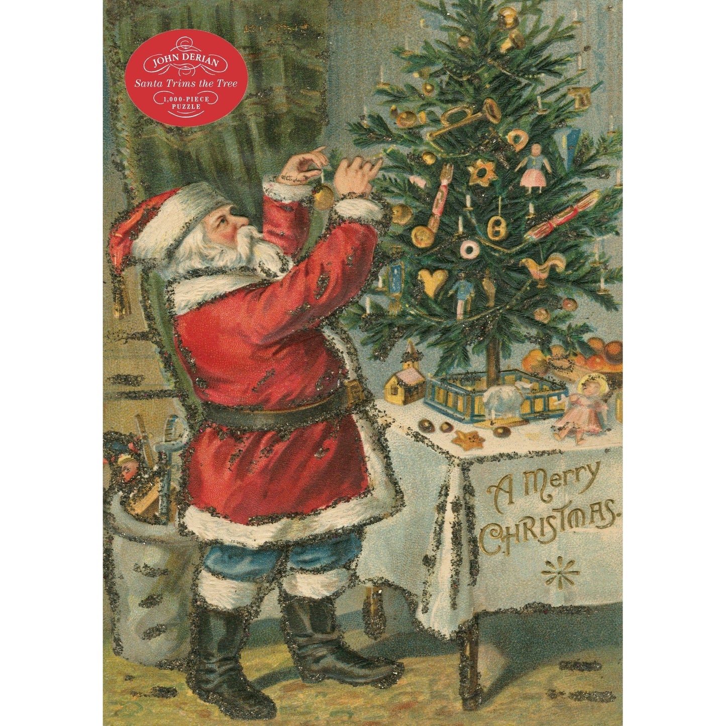John Derian Santa Trims the Tree Christmas puzzle with vintage Santa decorating tree and holiday scene