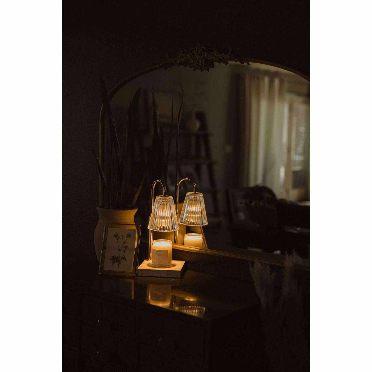 Fluted glass lamp candle warmer with wooden base, dimmable light, timer, and adjustable height