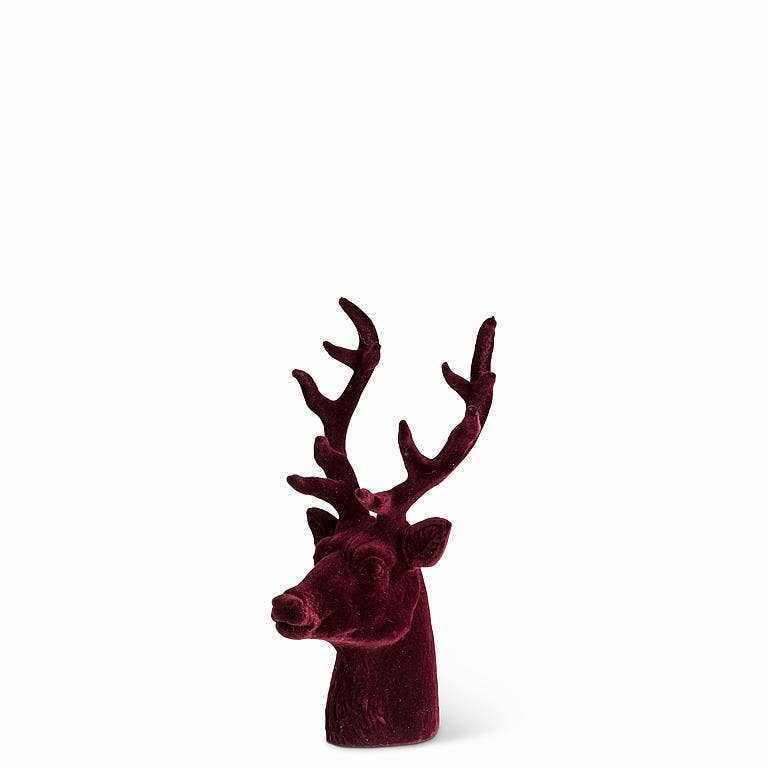 Small flocked resin stag head in burgundy
