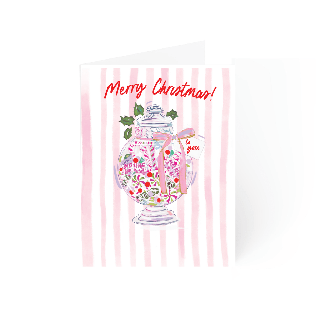 Merry Christmas Candy Greeting Card with festive candy jar illustration and blank interior for handwritten message