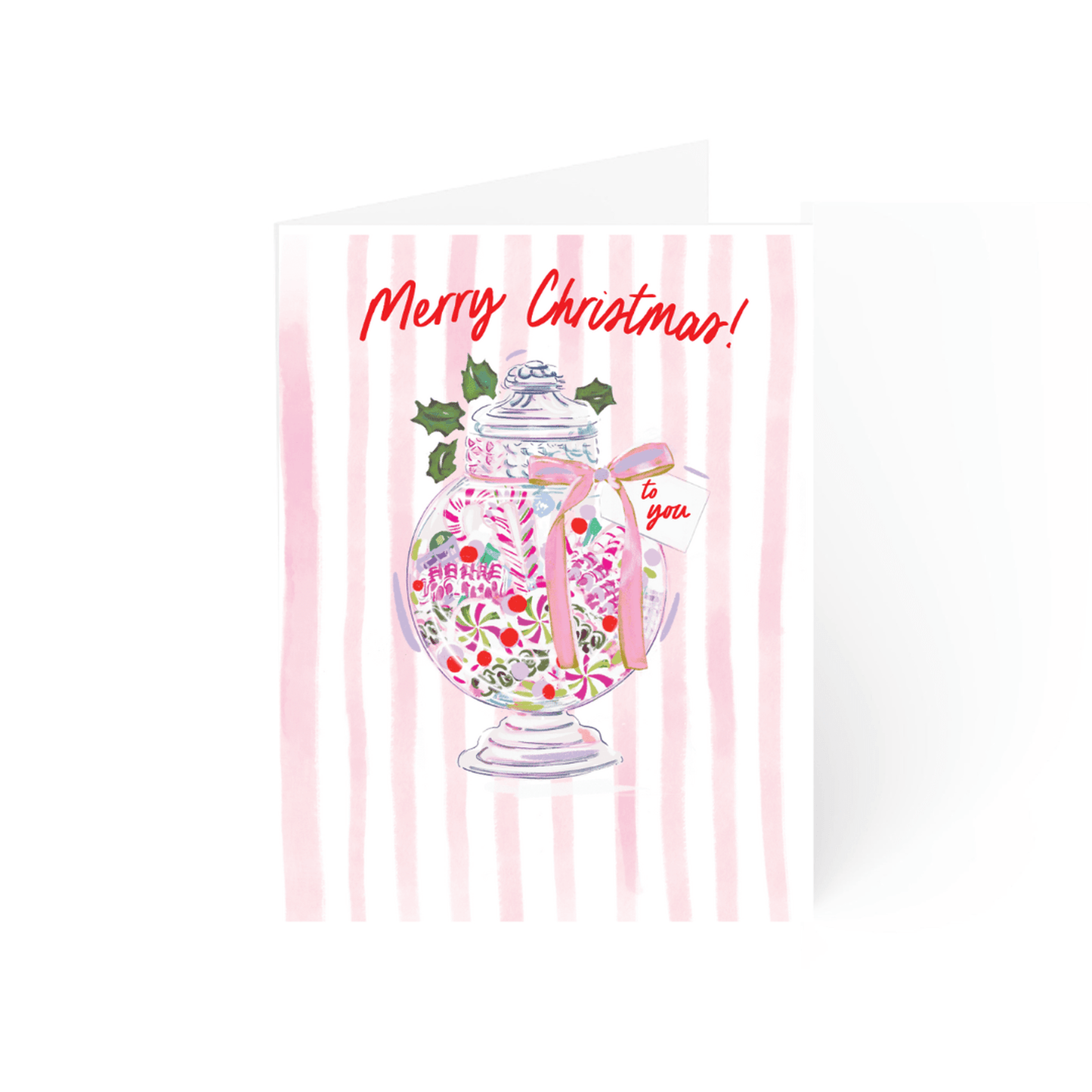 Merry Christmas Candy Greeting Card with illustrated candy jar and festive design, blank interior for handwritten notes, includes white envelope.