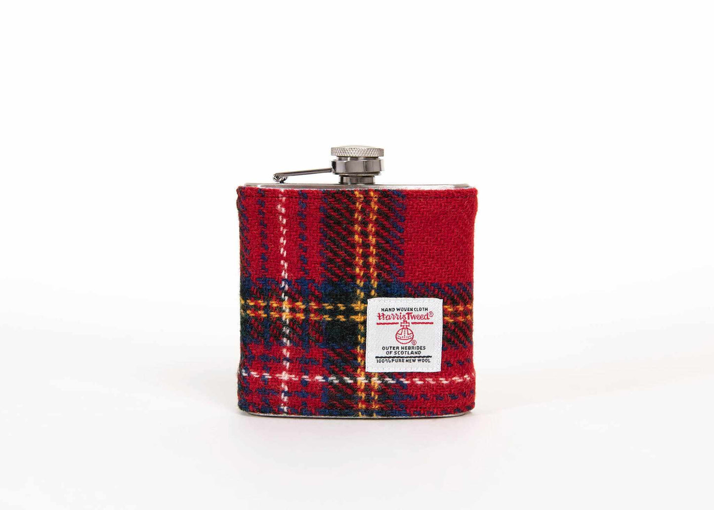 6oz stainless steel hip flask wrapped in Royal Stewart Harris Tweed with authentic Orb label