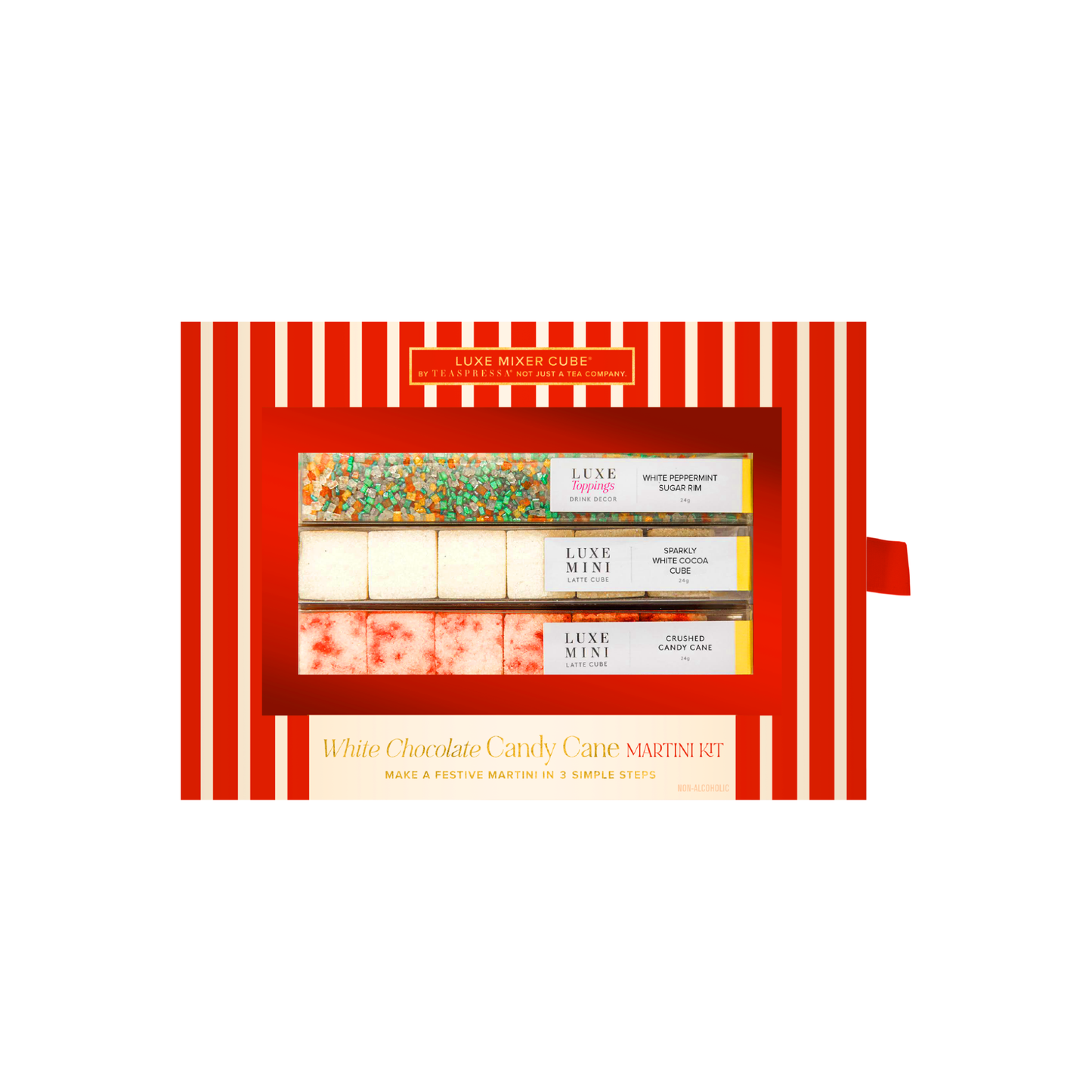 White Chocolate Candy Cane Martini Kit with peppermint sprinkles and luxe mixer cubes in festive red striped box