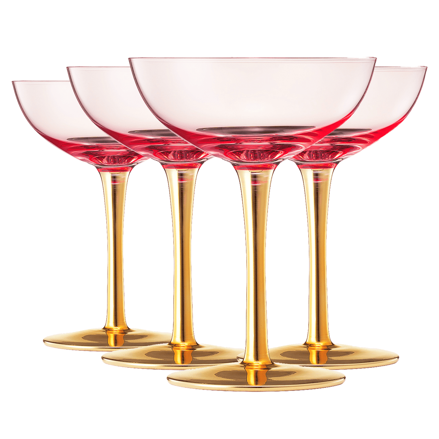 Set of 4 colored Art Deco coupe glasses with gold rim and vintage pink hues