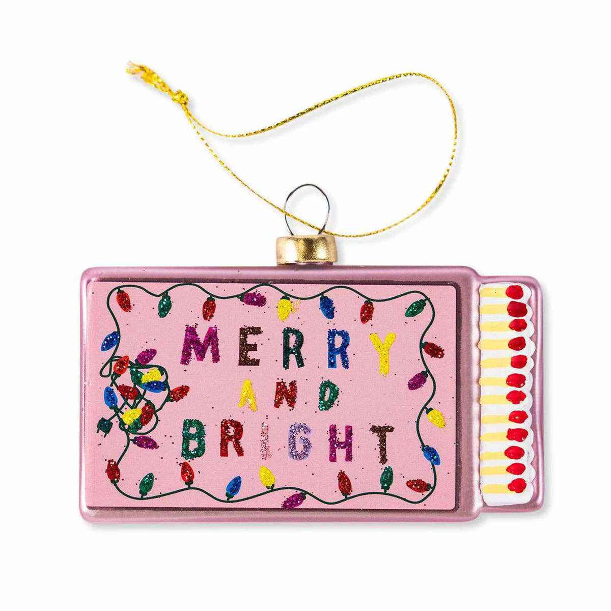 Merry & Bright Matchbook Ornament with colorful Christmas lights and glittery lettering on a purple background