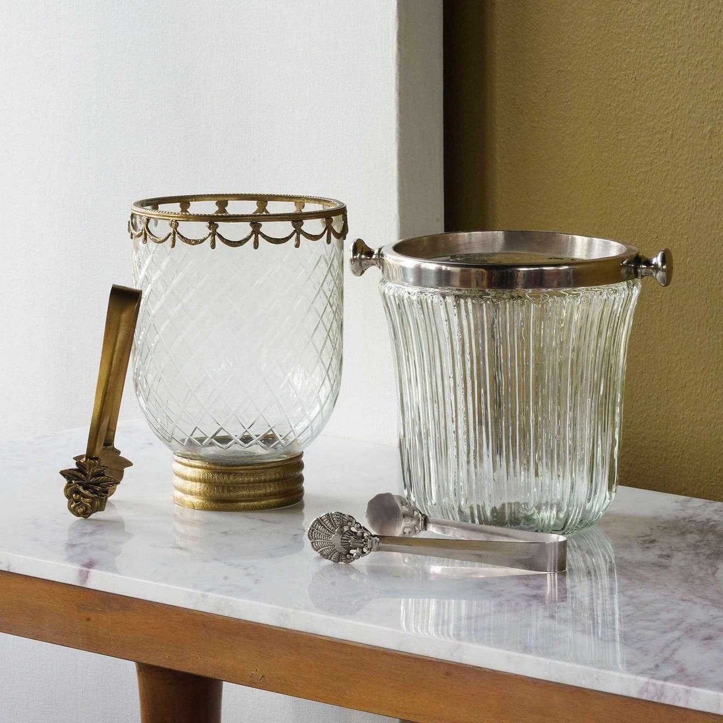 Elegant Silver-Toned Glass Ice Bucket Set with Tongs - Curated Home Decor