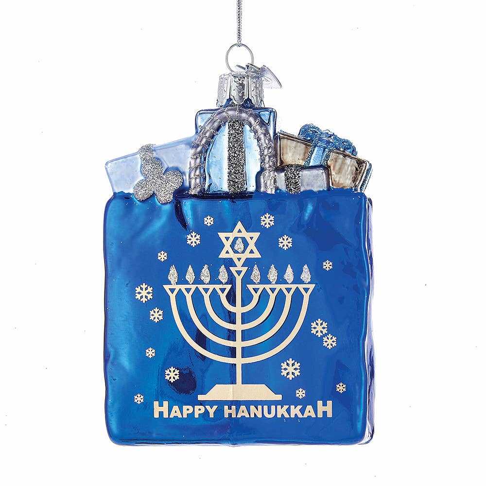 Blue glass Happy Hanukkah Gift Bag Ornament with menorah and gifts design