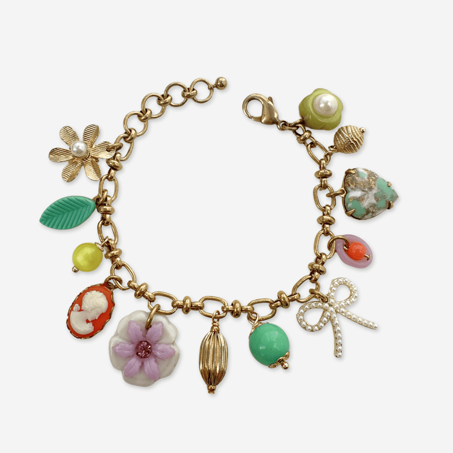 Repurposed vintage multicolor floral charm bracelet with raw brass chain and lobster clasp