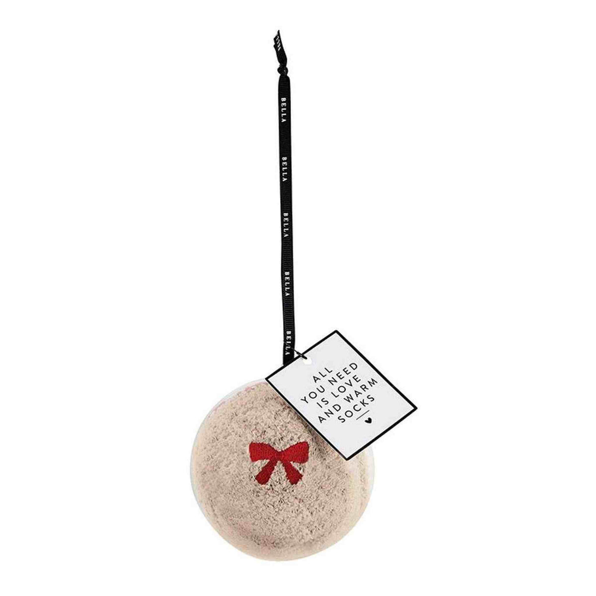 
                  
                    Blush cozy socks ornament with red bow and hanging ribbon for warmth and comfort
                  
                