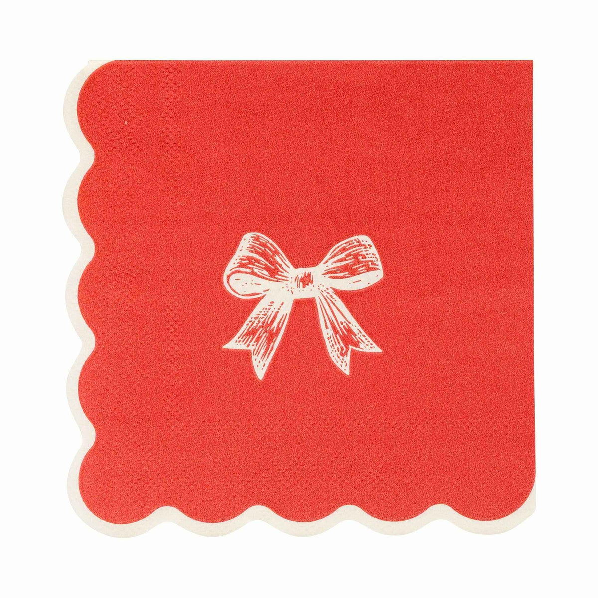 
                  
                    Red cocktail napkin with gold bow and scalloped edges for festive occasions
                  
                
