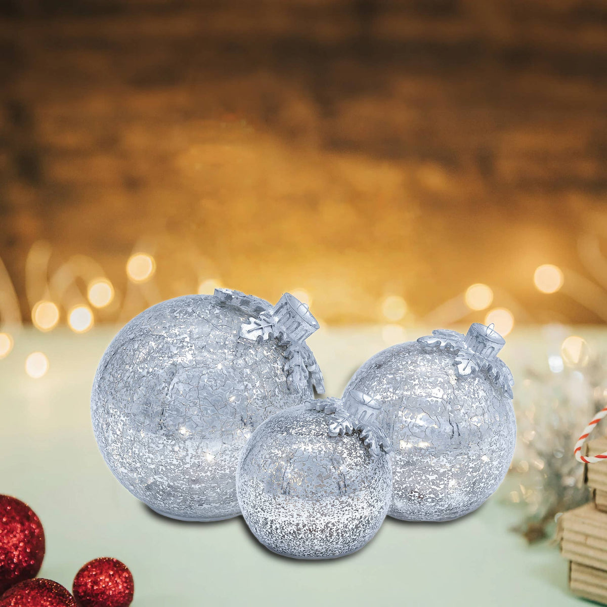 
                  
                    Battery-Operated Glass Tabletop Ornaments, Gold, Set of 3 - Curated Home Decor
                  
                