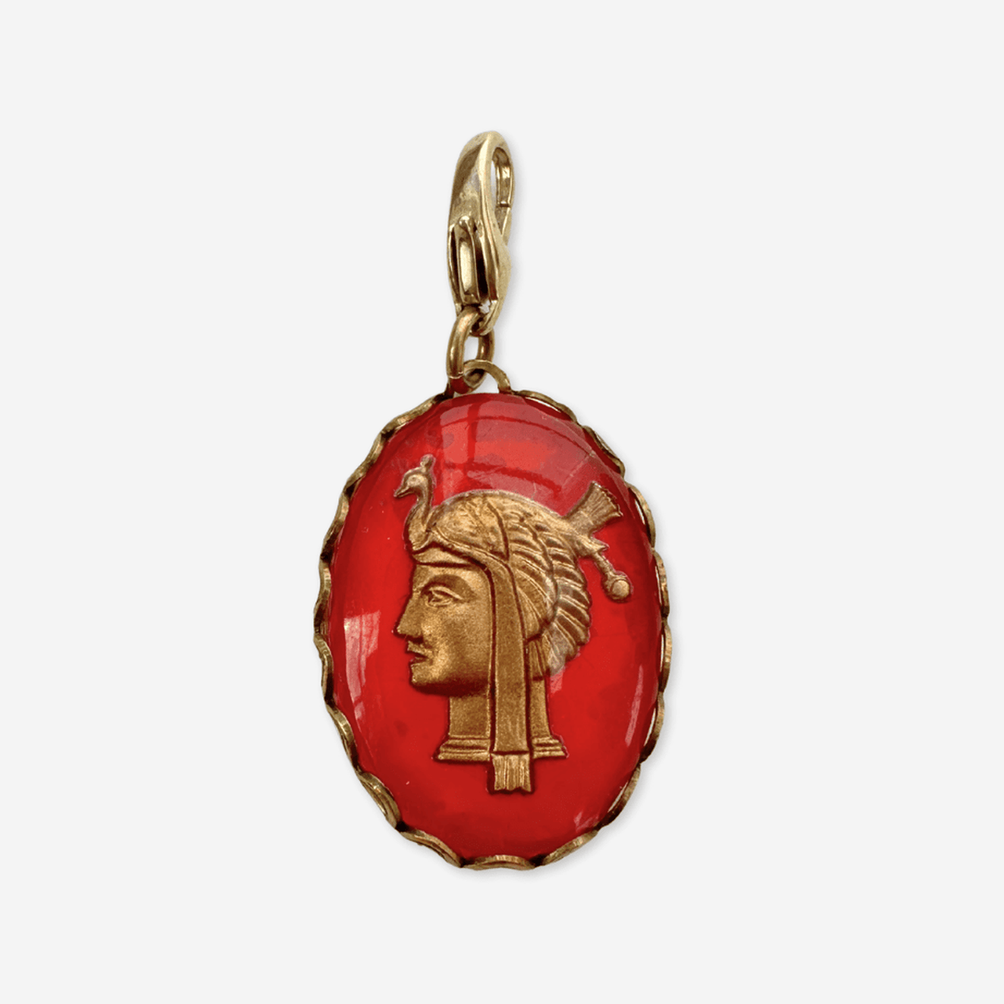 Vintage red and gold Egyptian intaglio charm with raw lace edge and lobster clasp