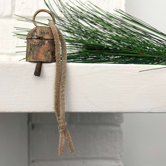 fort & field - 1 3/4" rounded tin brass bell holiday Christmas ornament: Hunter green suede like cord - Curated Home Decor