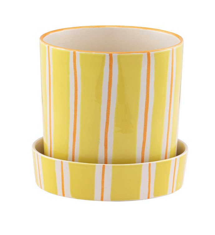 Yellow Retro Stripe Planter with Saucer - Curated Home Decor