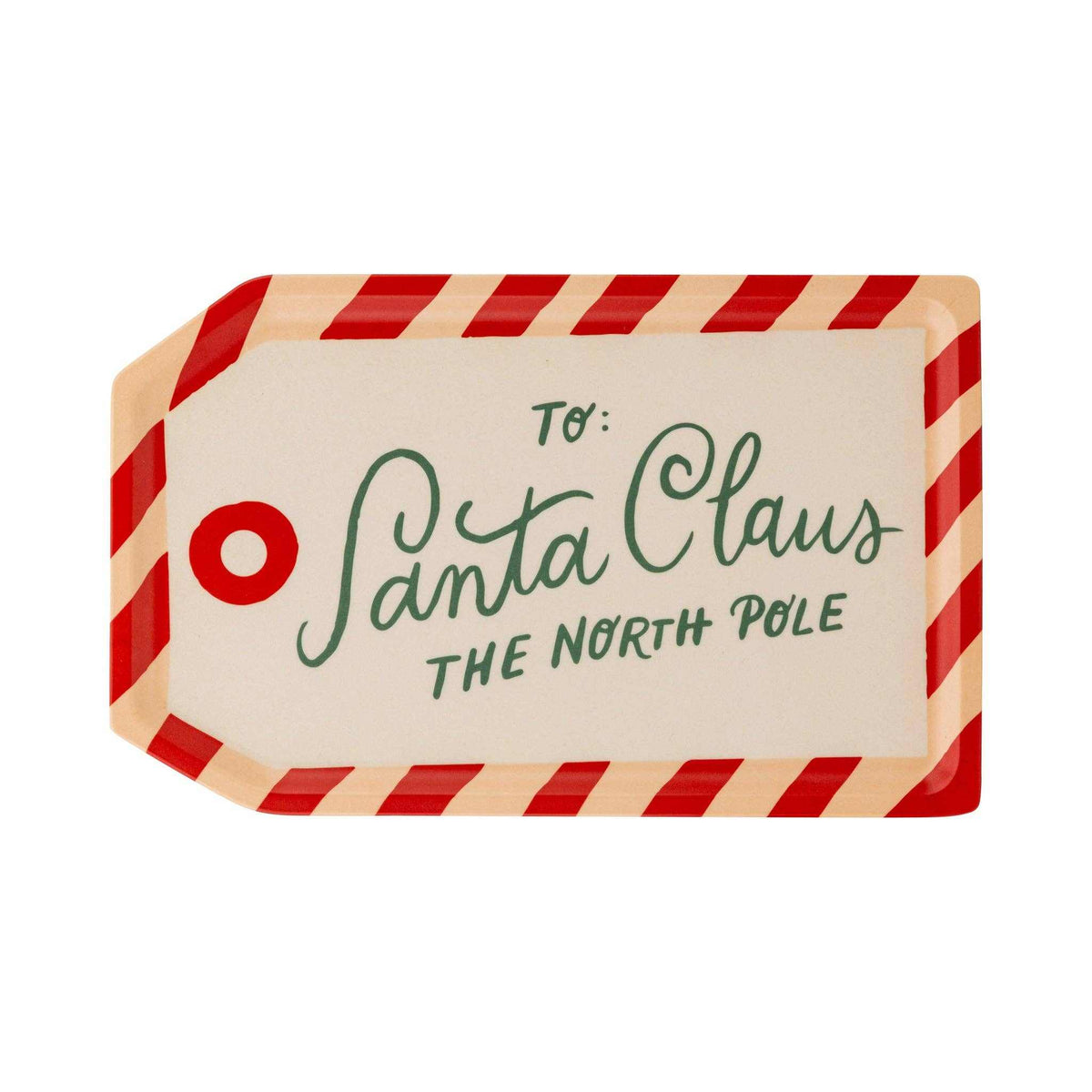 
                  
                    To Santa Tag bamboo serving tray in gift tag shape with festive red and white stripes, eco-friendly and food safe
                  
                