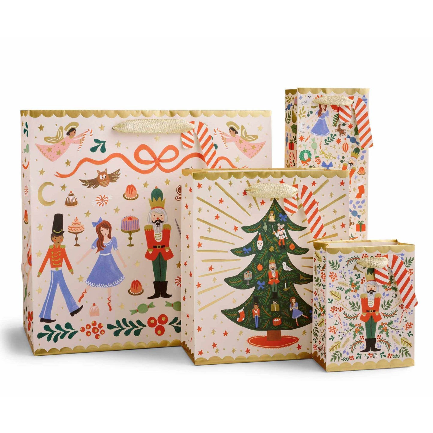 Nutcracker Sweets Gift Bag medium size with gold foil accents and cotton ribbon handles featuring holiday nutcracker design