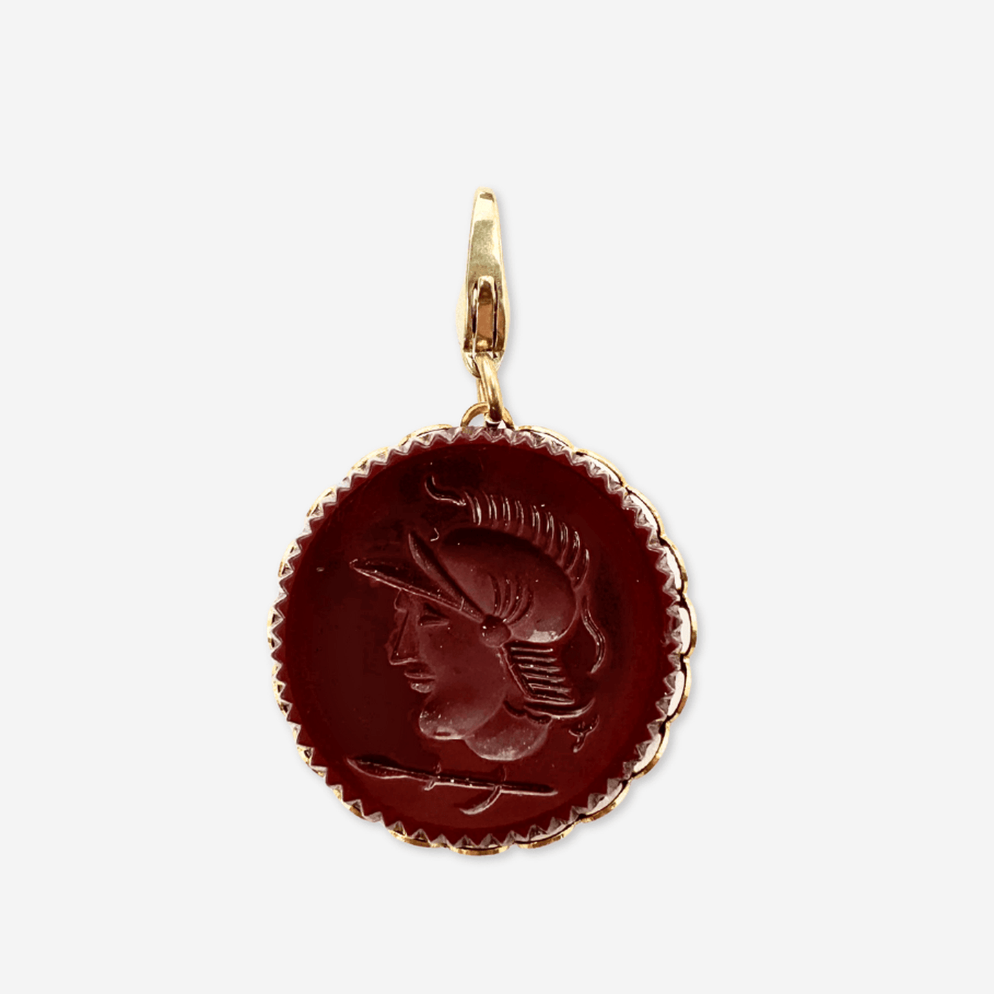 Large vintage burgundy glass intaglio charm with Roman Soldier carving and lobster clasp
