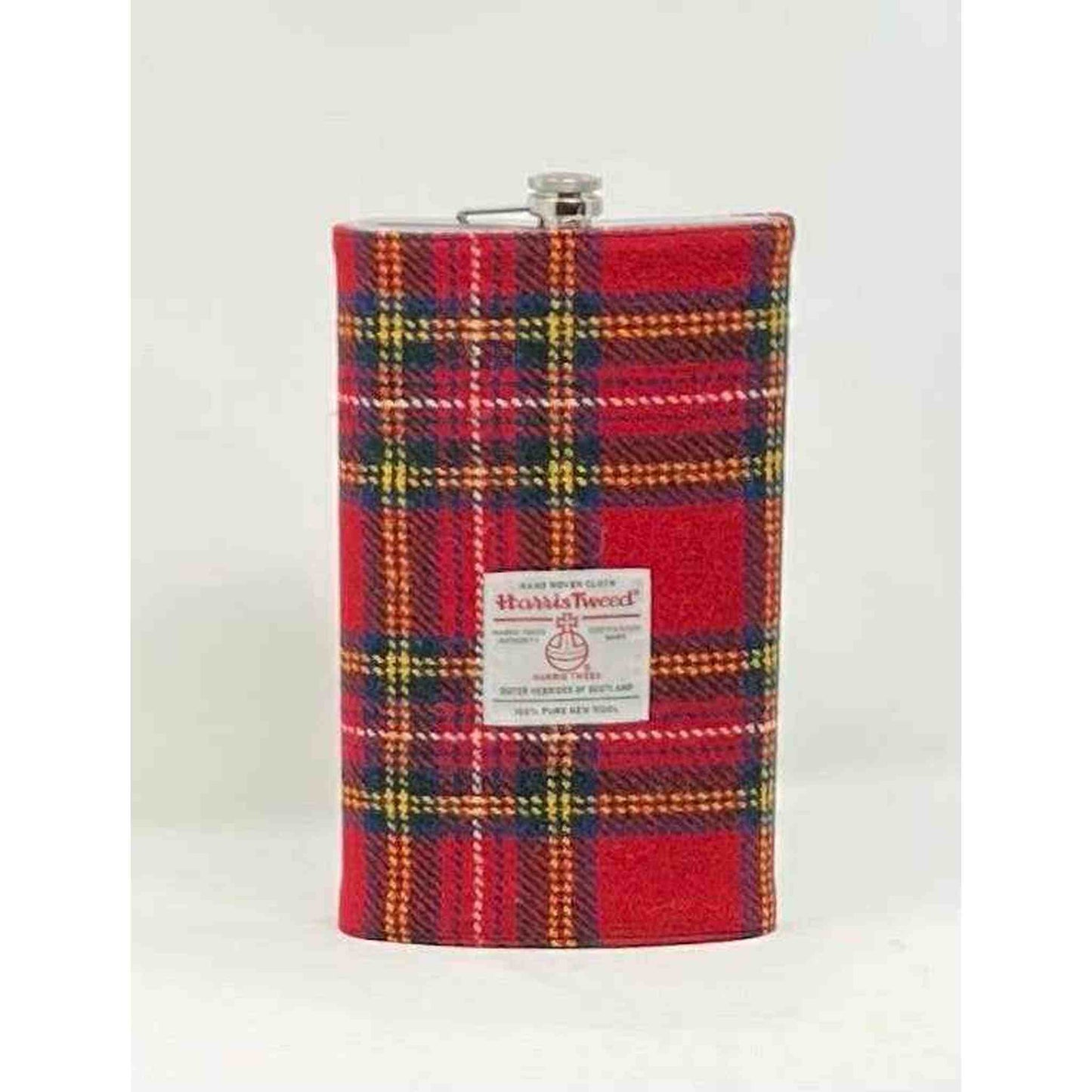 Gigantic Harris Tweed hip flask 64oz in Royal Stewart plaid with removable tweed sleeve