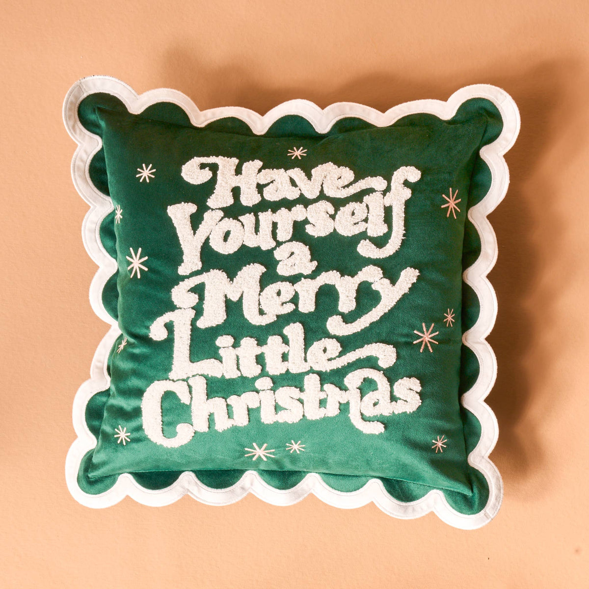 
                  
                    Scalloped Square Throw Pillow with "Have Yourself a Merry Little Christmas" text in green and white festive design
                  
                