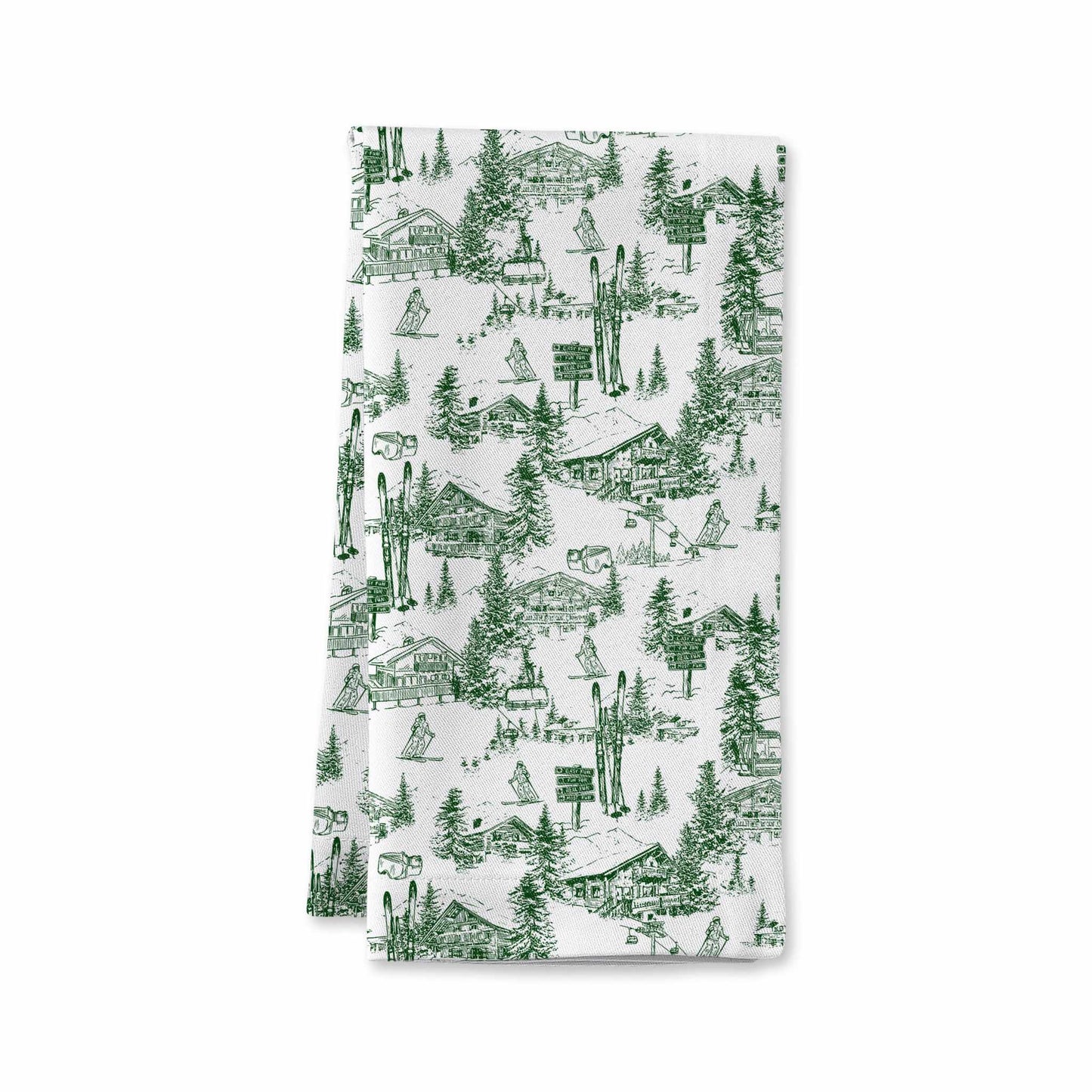 Oversized green and white ski toile patterned dinner napkin made of poly/cotton blend