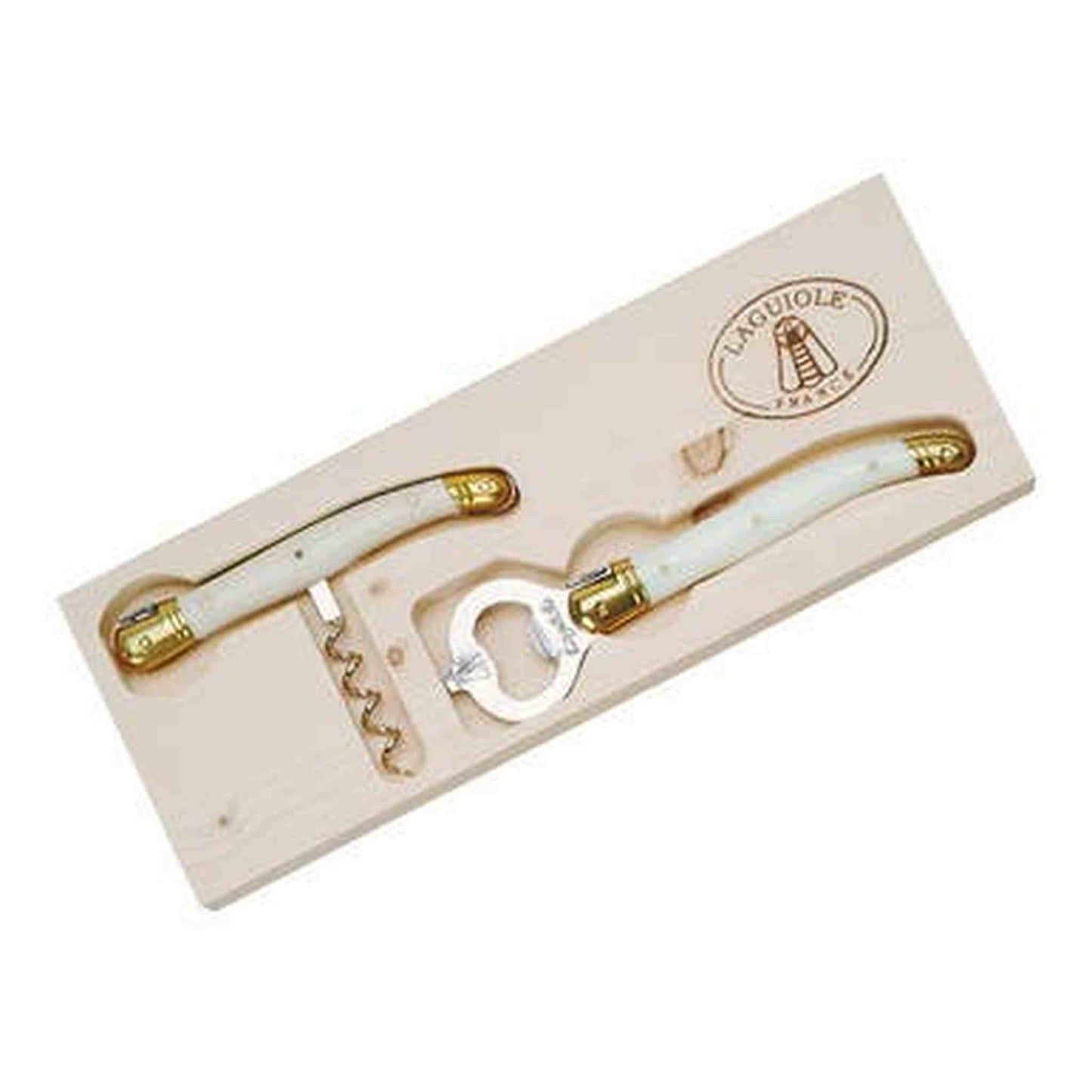 Jean Dubost Corkscrew and Bottle Opener set with ivory acrylic handles in wooden box