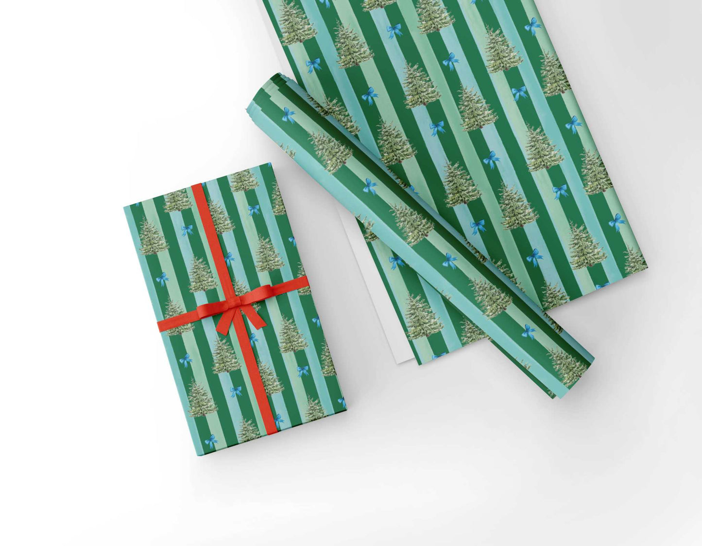 Blue Spruce and Bows green striped Christmas wrapping paper with watercolor trees and blue bows design