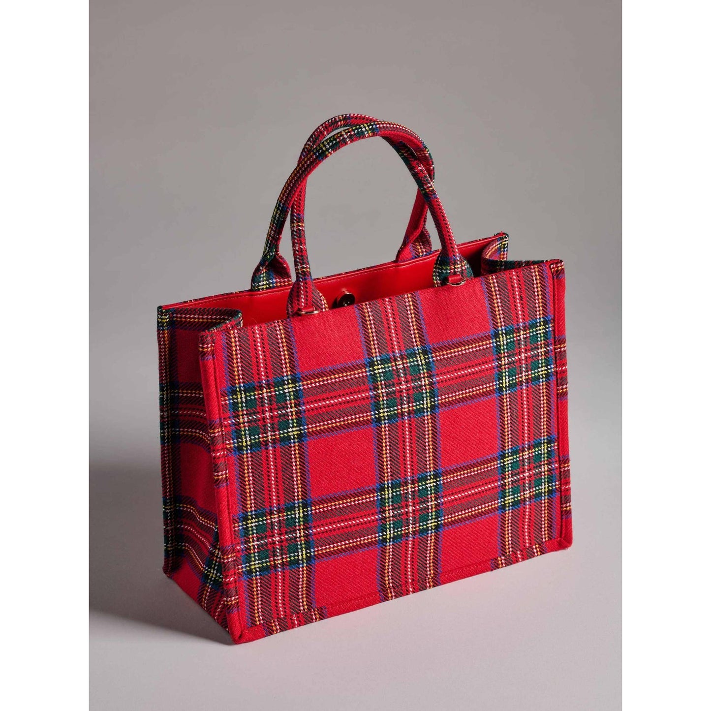 Scottie Tote red plaid structured handbag with double top handles and magnetic snap closure