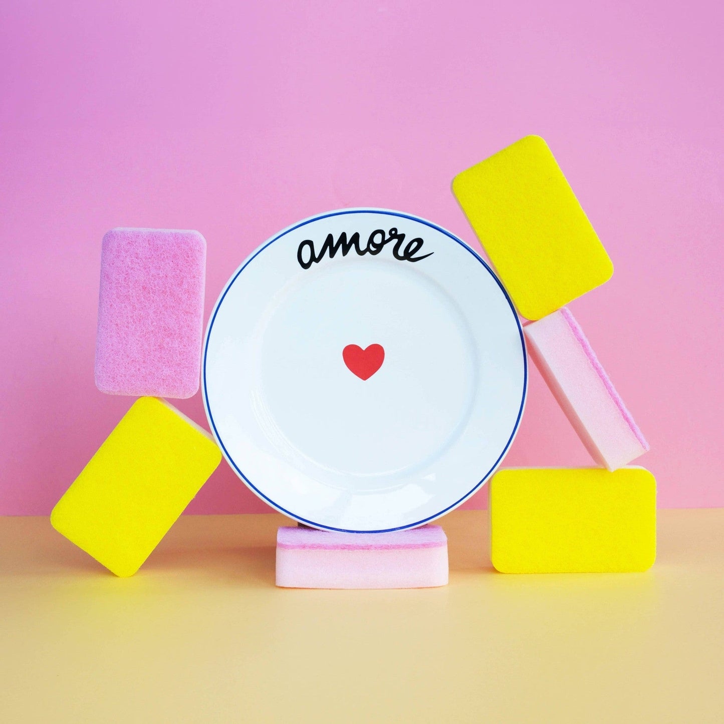 22cm earthenware Amore Plate with hand-painted blue rim, red heart center, and "amore" script, made in France