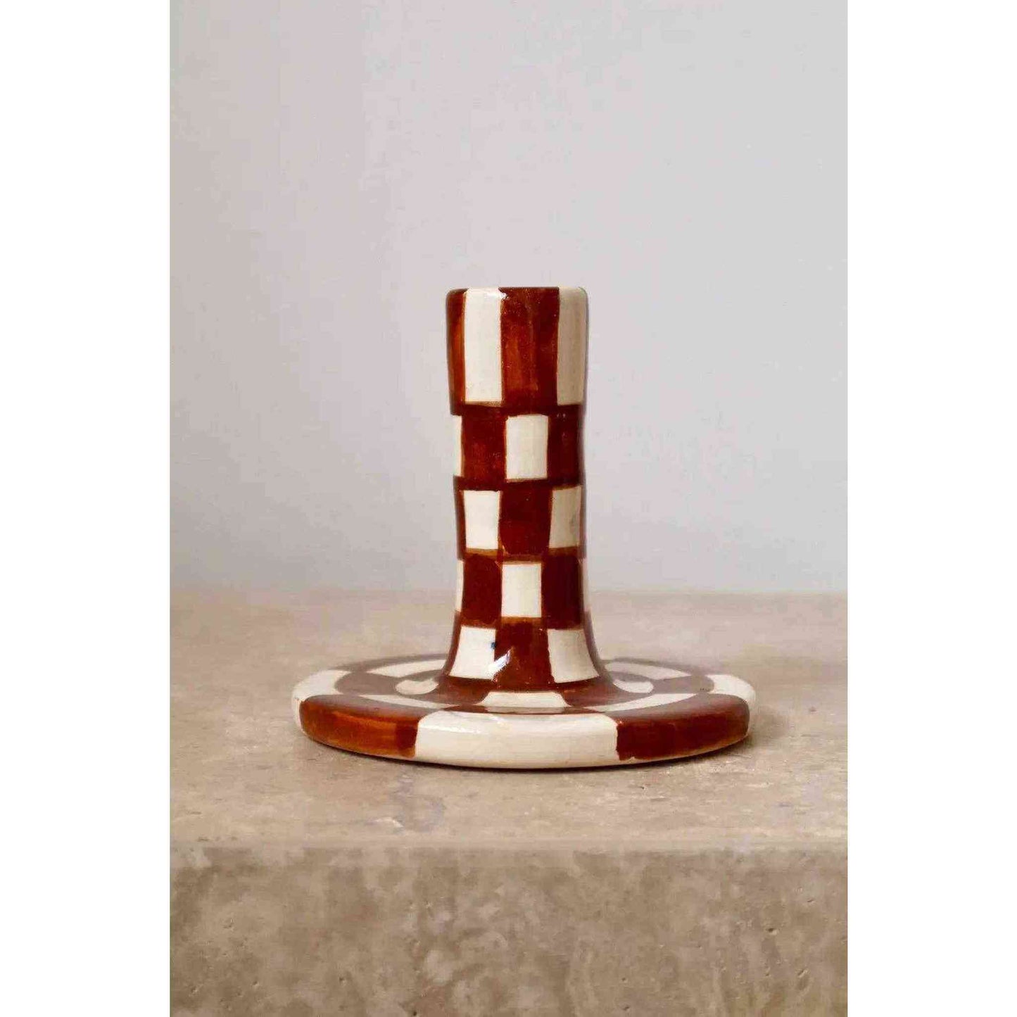 
                  
                    Handmade Ceramic Candle Holders in Brown and White Checkered Design - Curated Home Decor
                  
                
