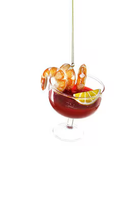 Blown glass Shrimp Cocktail Ornament with shrimp and lemon slice in a cocktail glass decoration