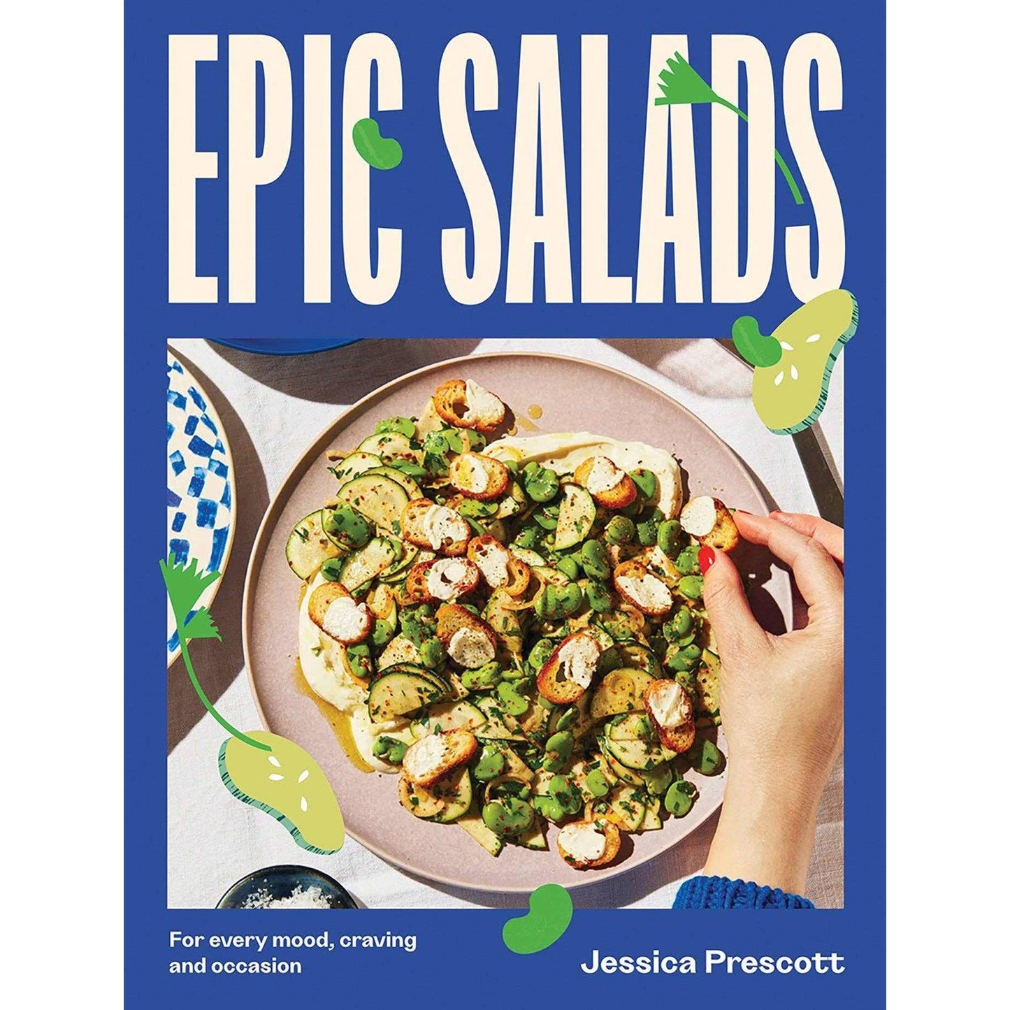 Epic Salads cookbook cover with a plate of fresh, colorful salad and a hand reaching for it