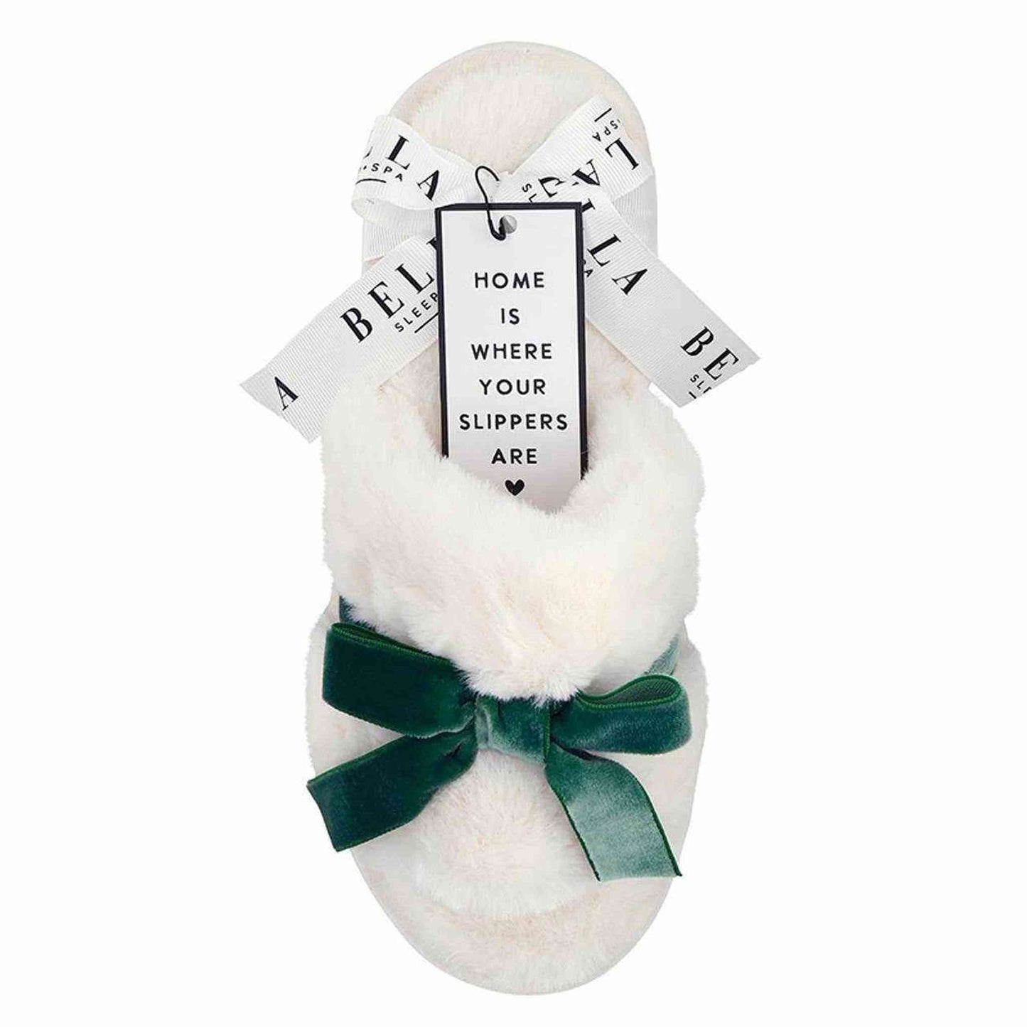 Ivory plush velvet slipper with forest green velvet bow and cozy soft texture